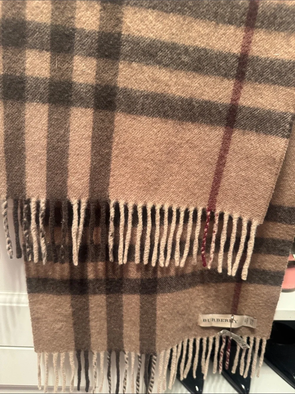 Burberry Beige Plaid Wool Wrap Scarf with Fringe